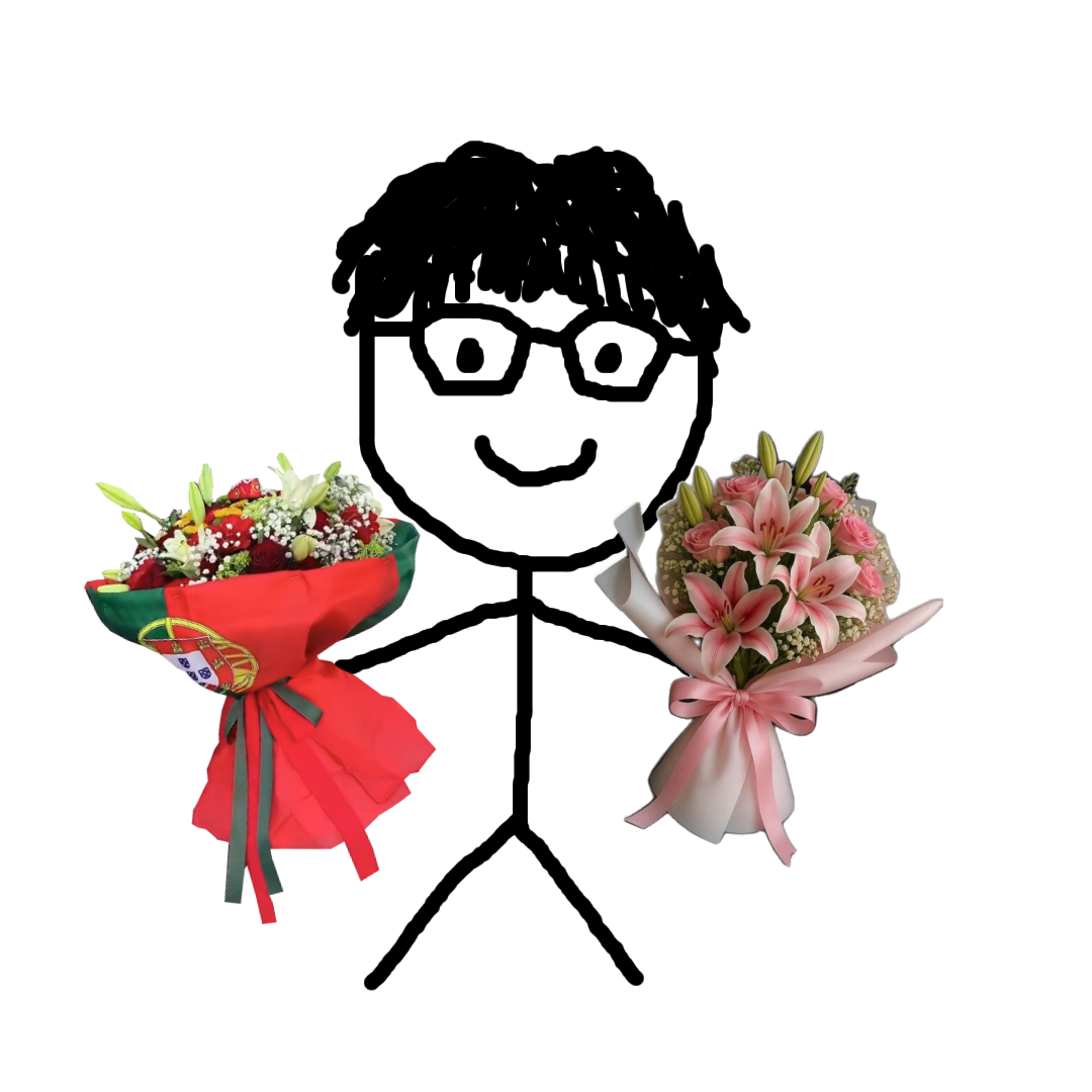 Stick figure holding flowers